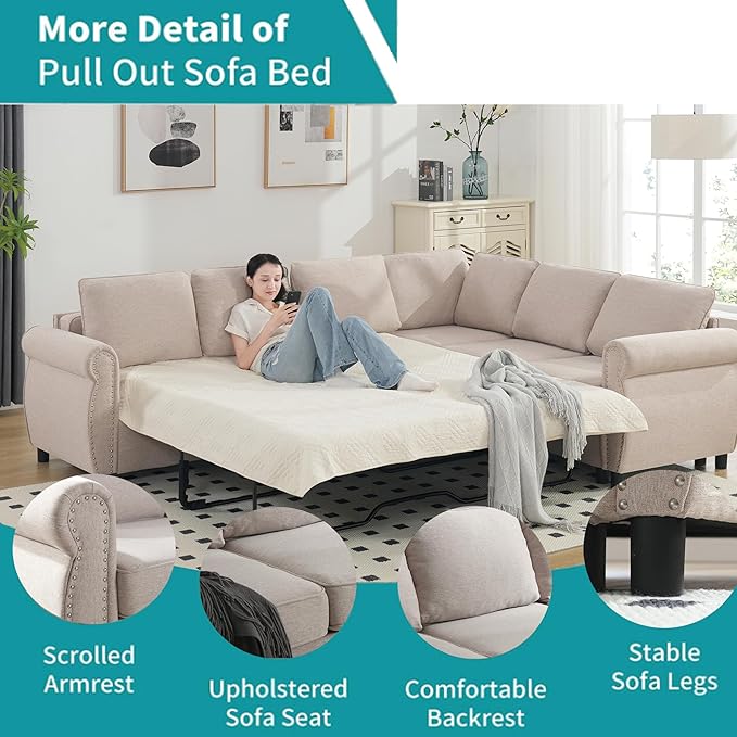 104 2-in-1 Queen Convertible Sleeper Sofa Bed Pull Out Couch Bed6 Seater Sofa Bedwith 3.35 Memory Foam MattressL Shaped Sleeper Sectional Sofa Couch with Rivet HandrailLiving Room