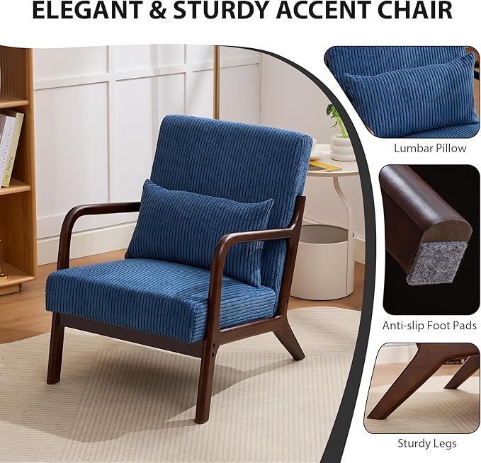 Mid-Century Modern Accent Chair Arm Chair Living Room Chairs with Pillow Upholstered Reading Chair with Solid Wood Frame &amp Corduroy Fabrics for Living Room Bedroom Balcony (Corduroy Sapphire Blu
