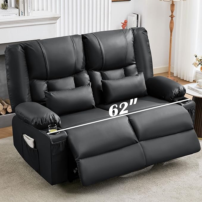 Black Leather Reclining Loveseat with Massage/Heat/Pillow/USB/Cup Holders Oversized Loveseat Recliner for Living Room Manual Reclining Sofa for Adults 700 Lbs Capacity (Black)