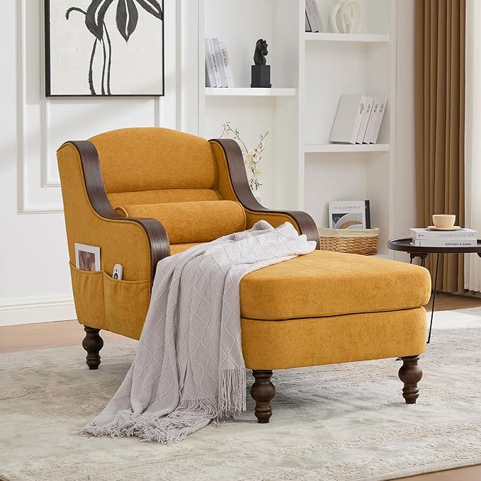 Upholstered Oversized Chaise Lounge Chair Solid Wood Frame Comfy Arm Chair with Thick Double-Layer Cushion Curved Armrests Modern Overstuffed Sleeper Recliner for Bedroom Living Room (Yellow)