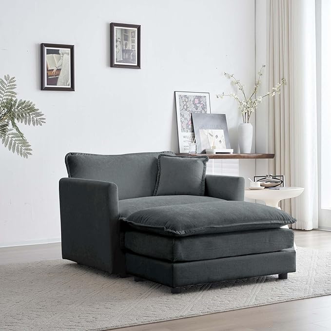 Modern Accent Chair Wide Accent Armchair with Ottoman Upholstered Single Club Chair for Living Room Bedroom (Chenille Fabric in Dark Gray 1 Seat and 1 Ottoman)