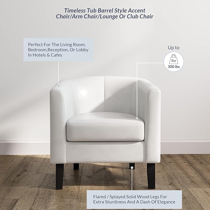 BELLEZE Accent Barrel Chair Club Tub Sofa Corner Chair with Flared Legs and Cozy Soft Padding for Living Room Bedroom Waiting Room - White