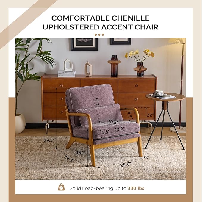 VINGLI Chenille Mid-Century Modern Accent Chair Cute Reading Arm Chair with Cushion &amp Lumbar Pillow &amp Solid Wood Frame for Lounge Living Room Reading Room Bedroom Light Purple
