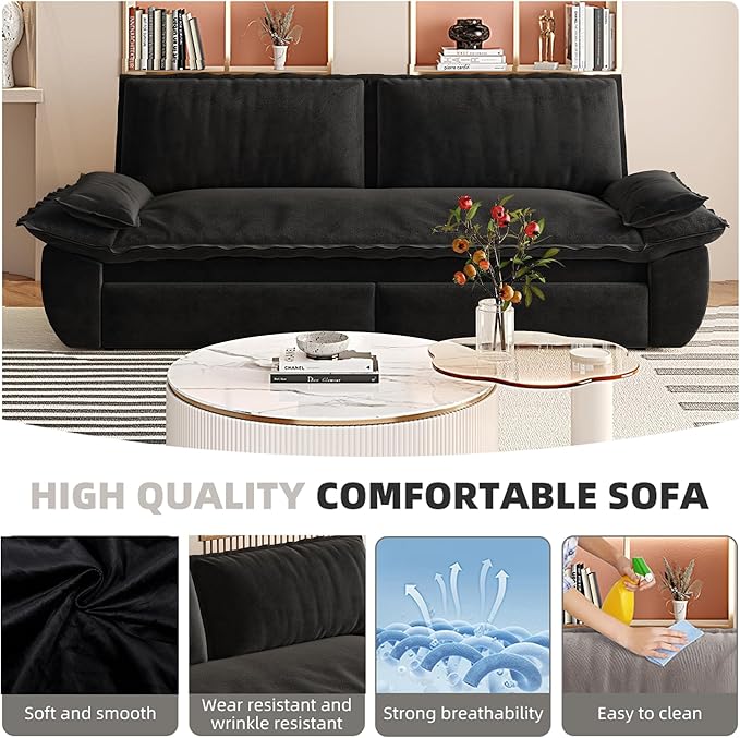 GNIXUU 73.2 Queen Pull Out Sofa Bed Velvet Convertible Sleeper Sofa Couch with 2 Soft Pillows Comfy Loveseat Bed Pull Out Couch for Living Room Apartment Small Space(Black)