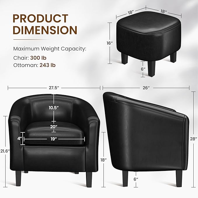 Yaheetech Accent Chair with Ottoman Set Modern Faux Leather Upholstered Soft Barrel Chair and Footrest Club Armchair and Footstool for Living Room/Bedroom/Reading Room/Guest Room Black