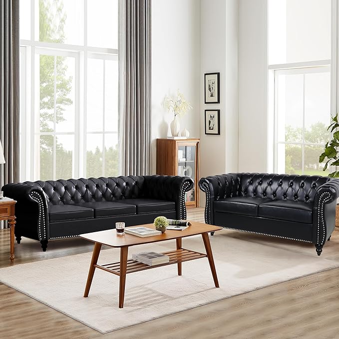 Chesterfield Accent Chair Leather Comfy Reading Club Chair Mid Century Modern Vanity Armrest 1 Seat Couch for Living Room Bedroom Office (PU Black)