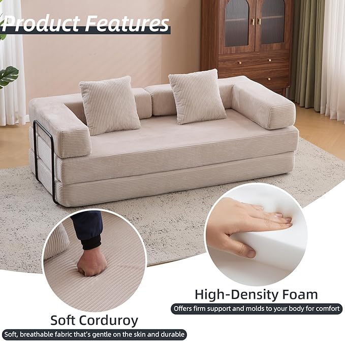Convertible Folding Sleeper Sofa Bed Corduroy Floor Sofa Fold Out Couch with Pillows King Size Bed Futon Couch Foldable Memory Foam Mattress for Living Room Bedroom Playroom