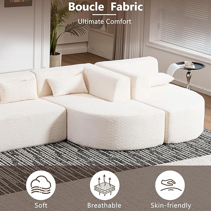 144 Upholstered Sofa Free-Combined Sofa Couch with Two Chaise Lounge and Five Back Pillows for Living Room (Beige@50)