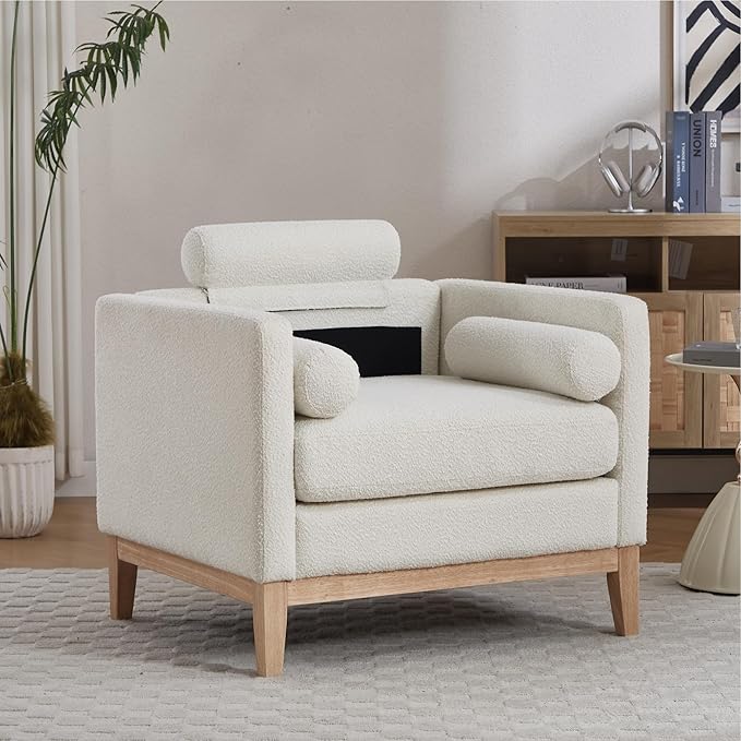 Mlmh &amp Kngwa 35.43 W Accent Chairs with Ottoman Upholstered Accent Chairs Ottoman Set with Natural Wood Legs Single Sofa Wingback Armchair for Living Room Bedroom Ivory