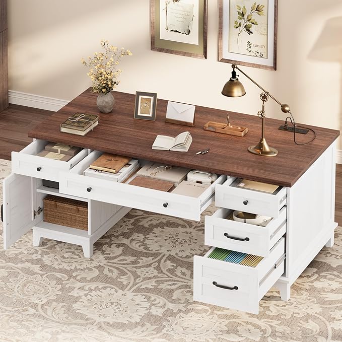 60 Executive Desk with Power Outlet Home Office Desk with Drawers Wooden Work Desk with File Cabinet Computer Desk for Work Study Writing White and Brown