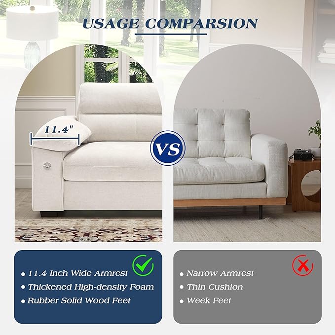 WorthFurni Sofas for Living Room Chenille Pillow-Armrest Loveseat Couch Set Small Sofa 3 Seater Sofa USB Charging Removable Sofa Cover Solid Wood Frame Easy to Install (90.5 inch Beige)
