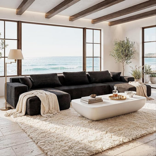 FUFU&ampGAGA 134” U Shaped Sectional Couch for Living Room Corduroy Cloud Sofa with Pillows Modern Boneless Sofa Couch with Chaise No Assembly Required Black 134”W x 61.8”D x 25.6”H