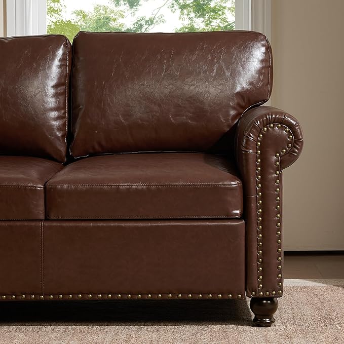 79” Leather Sofa Couch with Storage Mid Century Modern Rolled Arm Couches for Living Room Furniture Nailhead Trim Dark Brown