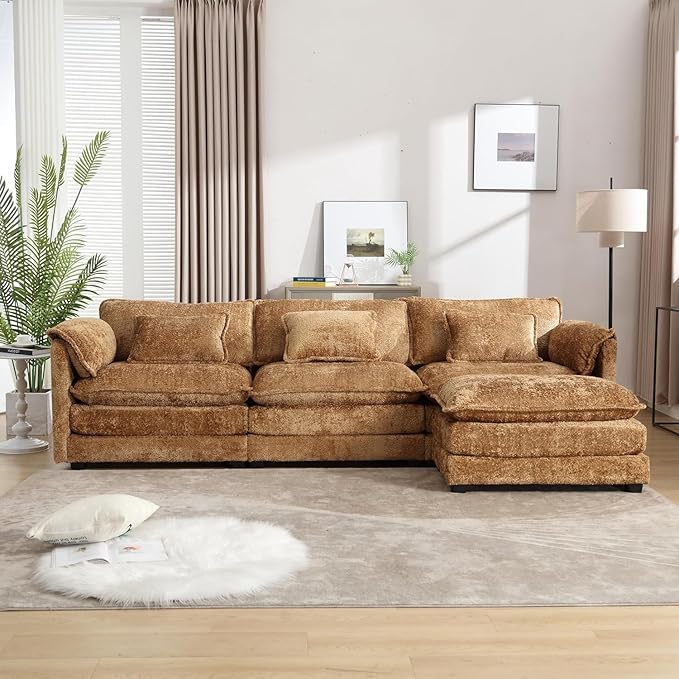L Shaped Sectional Sofa Cloud Couch for Living Room 112 Chenille Comfy Boucle Modular Sleeper Sofa Modern Upholstery Sofas with Ottoman &amp Memory Foam Brown