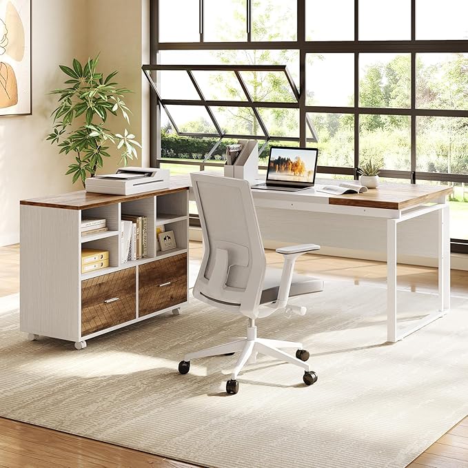 LITTLE TREE 63 L-Shaped Executive Office Desk with Reversible File Cabinet Large Modern Office Desk for Home Office 2-Drawer Wood File Cabinet for Hanging Letter Size Files(Oak Karo &amp White)