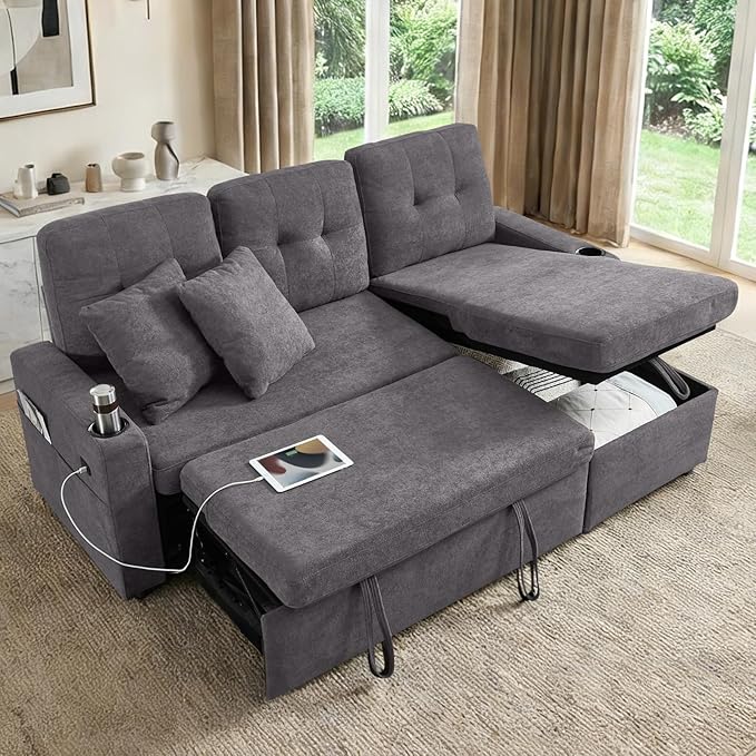 82 L Shaped Sleeper Sofa Bed: Sectional Sleeper Couch with Pull Out Bed Storage Chaise USB Charging &amp Cup Holder 3 Seat Sectional Sofa Bed with Throw Pillow (Terry Cloth - Grey)