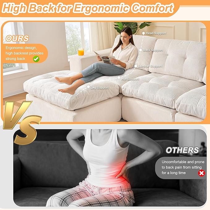 105 L Shaped Modular Sectional Sofa with OttomanCloud Boneless Couches for Living RoomCorduroy Comfy Couch with Chaise and Cup HolderUpholstered Sofa in A Box No AssemblyBeige