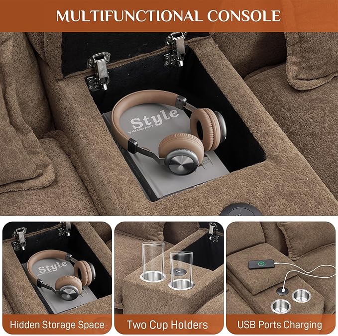133 Oversized U Shaped Cloud Couch Modular Sectional Couches for Living Room Comfy Chenille Deep Seat Sofa Set with Double Chaise Lounge Storage Central Console Cup Holders USB Port Brown