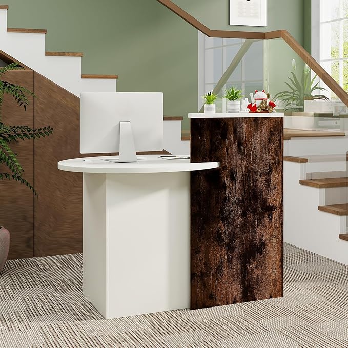 Reception Desk Small Retail Checkout Counter with Lockable Drawer and Open Shelves Wooden Front Desk Reception Counter Oval Desktop &amp L Counter for Store Office Lobby Salon (White &amp Brown)