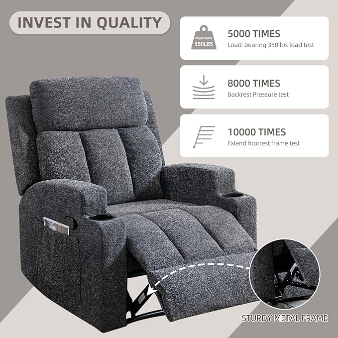 2PCS Fabric Manual Recliner Chair for Adults Comfy Reclining Chairs with Overstuffed Arm and Back Single Sofa for Living Room (2 Dark Grey)