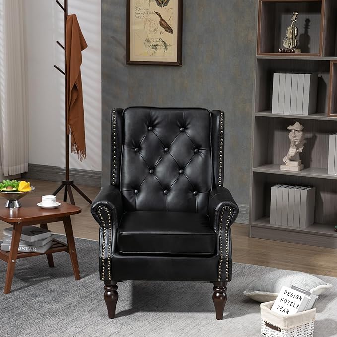 Homtique Faux Leather Accent Chair Modern Living Room Chairs Button Tufted Wingback Armchair with Wood Legs Upholstered Bedroom Chair with Rivet Decoration Leisure Reading Chair Black
