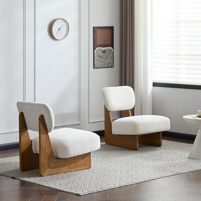 GDFStudio Upholstered Armless Accent Chairs Set of 2 Modern Side Chair Minimalist Leisure Chair with Backrest Beige Cusion for Living Room Bedroom Reading Room Natural Slid Wood Base