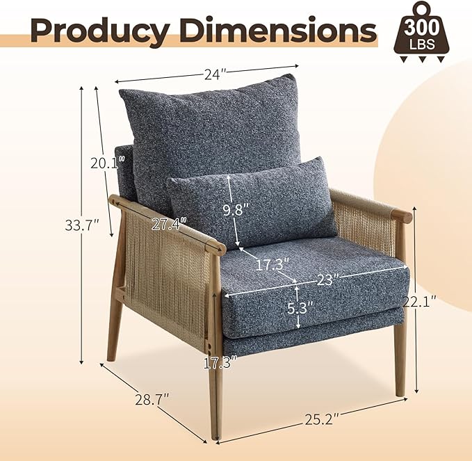 Karl home Cozy Chenille Accent Chair with Lumbar Pillow &amp Rattan Arms Modern Lounge Chair for Living Room Bedroom Reading Nook Dark Gray