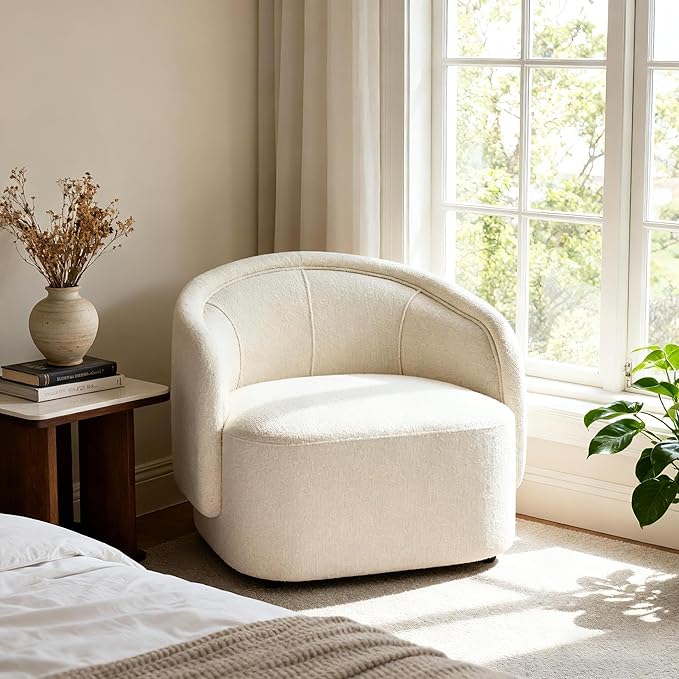 Scott Living Amanda Carly Low Profile Accent Chair Round Backrest Side Chair Living Room Armchair with Boucle Fabric Cushion Comfy Reading Chair for Bedroom Wooden Single Lounge Sofa Cream