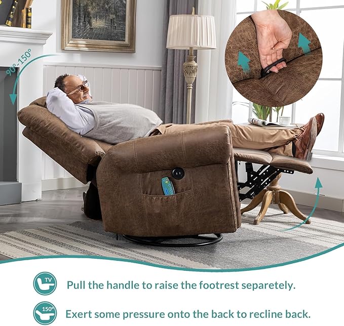 MEETWARM Oversized Massage Rocking Recliner Chair with Heat Manual Glider Swivel Rocker Recliner with High Back 360°Swivel Nursery Reclining Sofa with Remote Control/USB Port for Living Room(Brown)