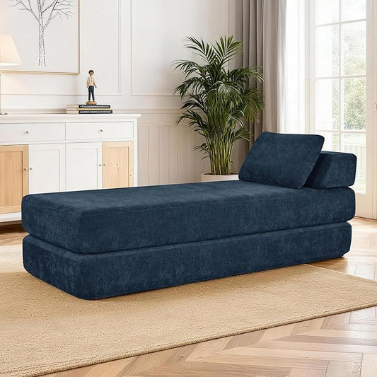 Convertible Chaise Lounge Chair Indoor Boneless Cloud Couch with 2 Pillows Sleeper Sofa for Living Room Bedroom Reading Nook- No Need Assembly (Navy Blue)