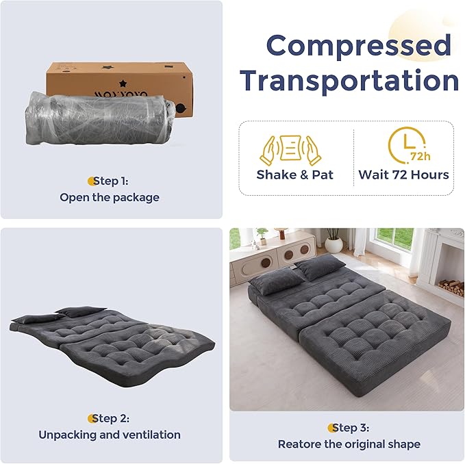 MAXYOYO Folding Sofa Couch Convertible Floor Sleeper Couch with 2 Pillows Tufted Floor Loveseat Couch Tufted Fold Out Chair Bed Comfy Sofa Lounge for Living Room Bedroom Dark Grey