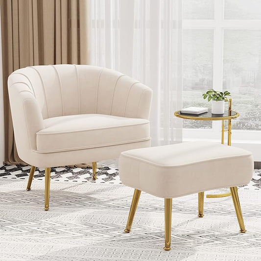 Velvet Accent Chairs with Ottoman for Living Room Bedroom Office Leisure Upholstered Single Sofa Chair Arm Chair Comfy Chair Reading Club Coffee Chair with Metal Legs Beige