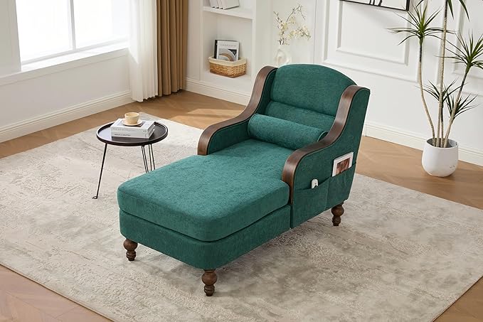 Upholstered Oversized Chaise Lounge Chair Solid Wood Frame Comfy Arm Chair with Thick Double-Layer Cushion Curved Armrests Modern Overstuffed Sleeper Recliner for Bedroom Living Room(Emerald Green)