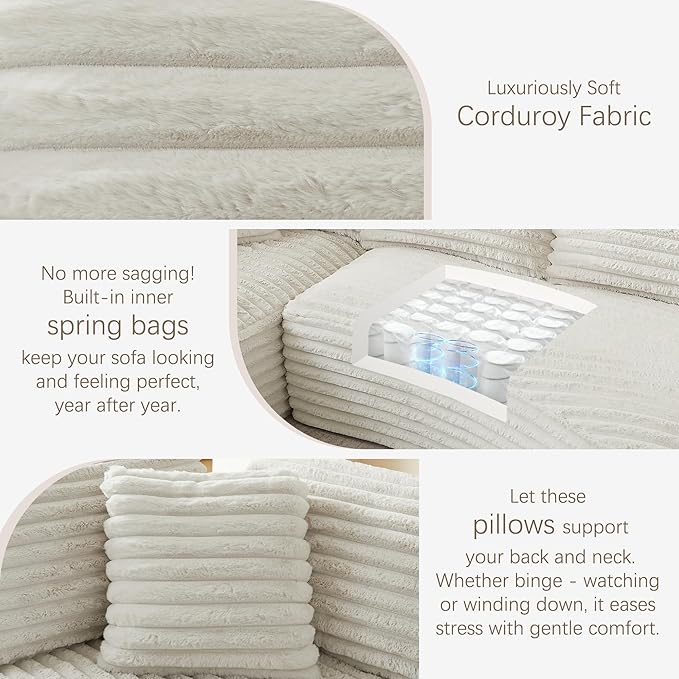 120.9 Curved L-Shape Sectional Sofa with Left Chaise Cloud-Like Corduroy Couch with Pocket Springs No Assembly Required Compressed in Box for Living Room &amp Apartment Cream