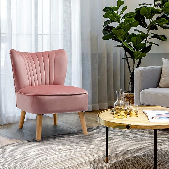 KOTEK Velvet Accent Chairs Set of 2 Modern Armless Accent Chair w/Solid Rubber Wood Legs Upholstered Side Chair Club Sofa Chair Slipper Chair for Living Room Bedroom (Pink)