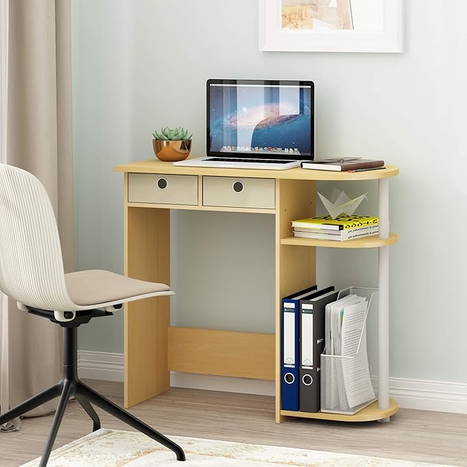 Furinno GO GREEN Desk 31.5 Wide Gaming Desk with 2 Side Shelves and Storage Bins Computer Desk Office Desk for Home Office Study Room Dorm Bedroom Beech