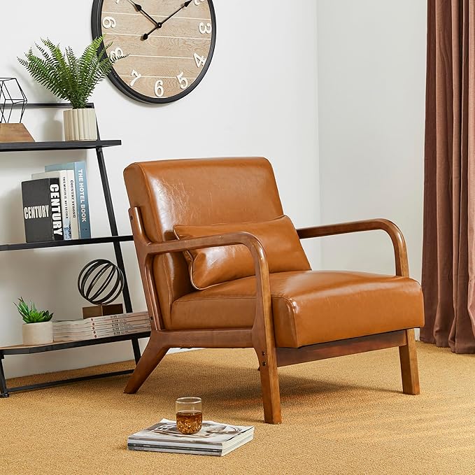 Glitzhome 2 Set Mid Century Yellowish Brown Accent Armchair Single Reading Armchair PU Leather Lounge Chair with Walnut Ruberwood Frame
