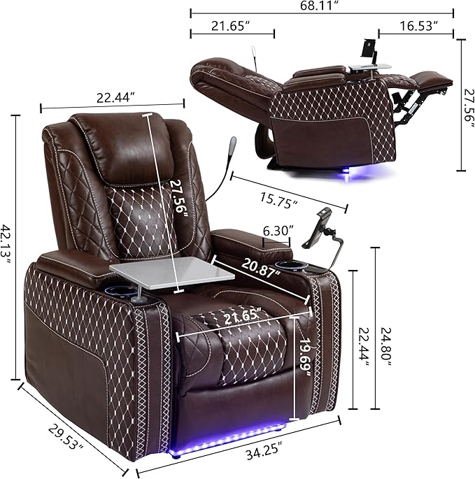 Power Zero Gravity Recliner Chair for Adults Breathable Leather Electric Recliners Adjustable Home Theater Seating with Smart Cup Holders USB Ports Hidden Arm Storage Tray Table