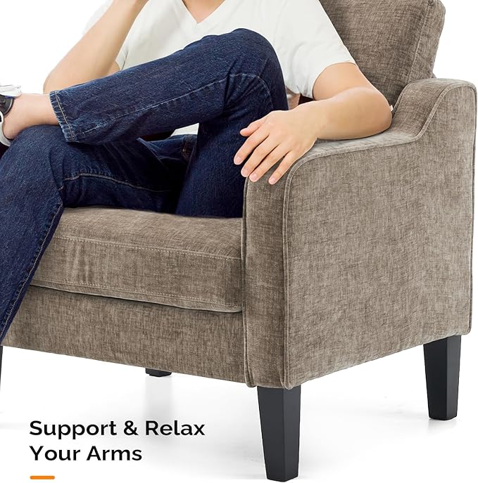 VINGLI Chair Light Brown Upholstered Chenille Accent Chair for Living Room Bedroom Mid-Century Modern Arm Chair Comfy Reading Chair with Scooped Arms