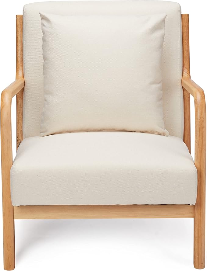 JOMEED Oak Wood Frame Mid Century Modern Accent Leisure Chair for Modern and Retro Decor Style Living Room with Soft Linen Upholstery Beige