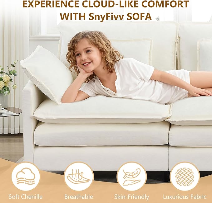 113 Chenille Modular Sectional Sofa Convertible L Shaped Modular Sofa Comfy Cloud Couch with Ottoman Side Pockets and 5 Throw Pillows for Living Room (White 113 - 5 Seats)