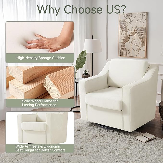 UIXE Swivel Accent Chair Chenille Upholstered Armchair for Living Room Comfy Single Sofa Bedroom Reading Seat with Lumbar Pillow - Beige