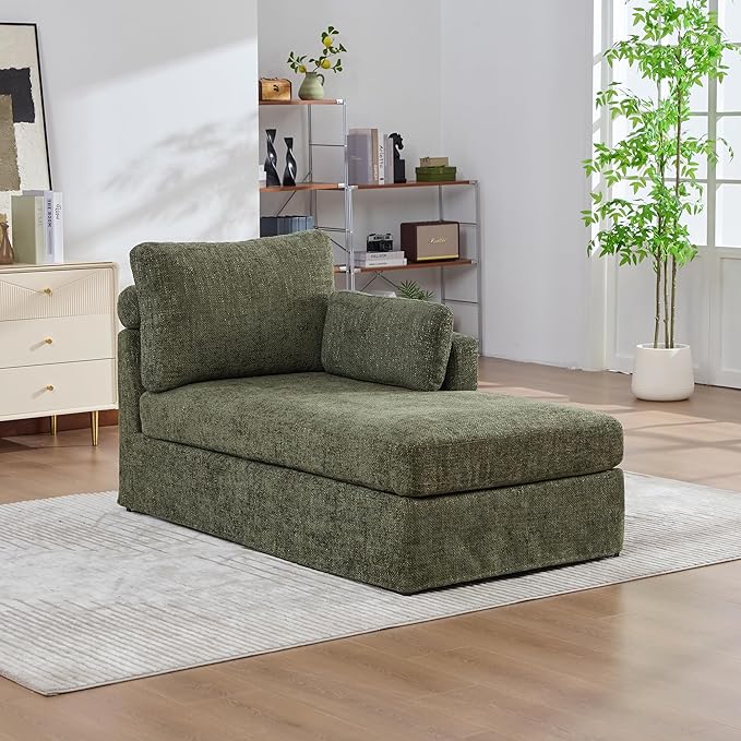 KEIKI 60 Chaise Lounge Chair Indoor Modern Deep Seat Sofa Bed Corduroy Couch with Cushions Single Sleeper Chair for Living Room Bedroom Apartments Green (Right Side)