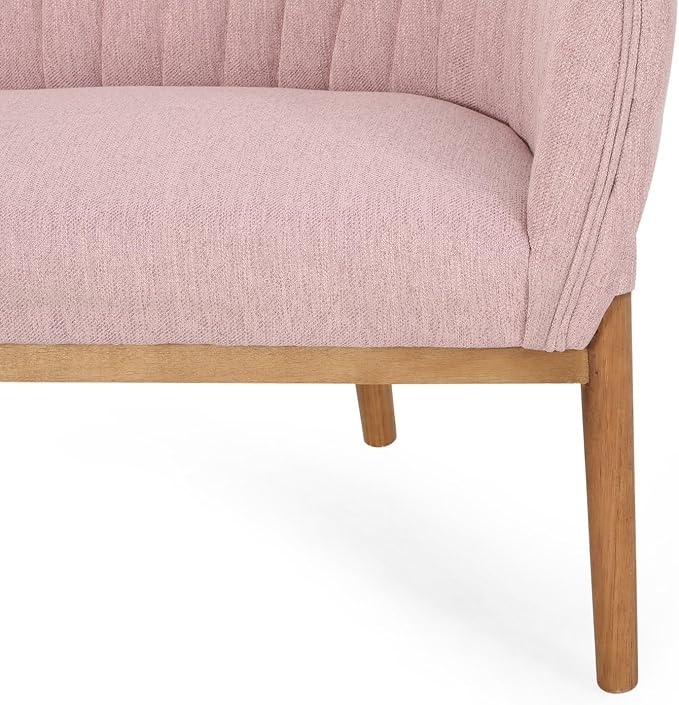 Blush Fabric Loveseat Sofa - Mid Century Modern Channel Stitched Backrest with Brown Rubberwood Legs for Living Room Bedroom or Foyer