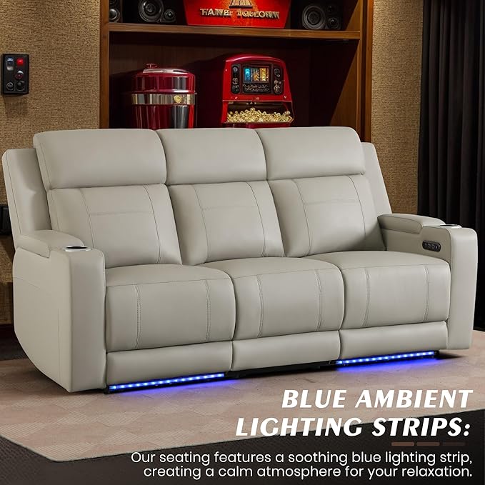 Dual Motor Power Reclining Sofa Breathable Leather Reclining Couch with Power Headrest/LED Light/Armrest Storage Recliner Sofa 3 Seater for Living Room (Grey 3 Seater)