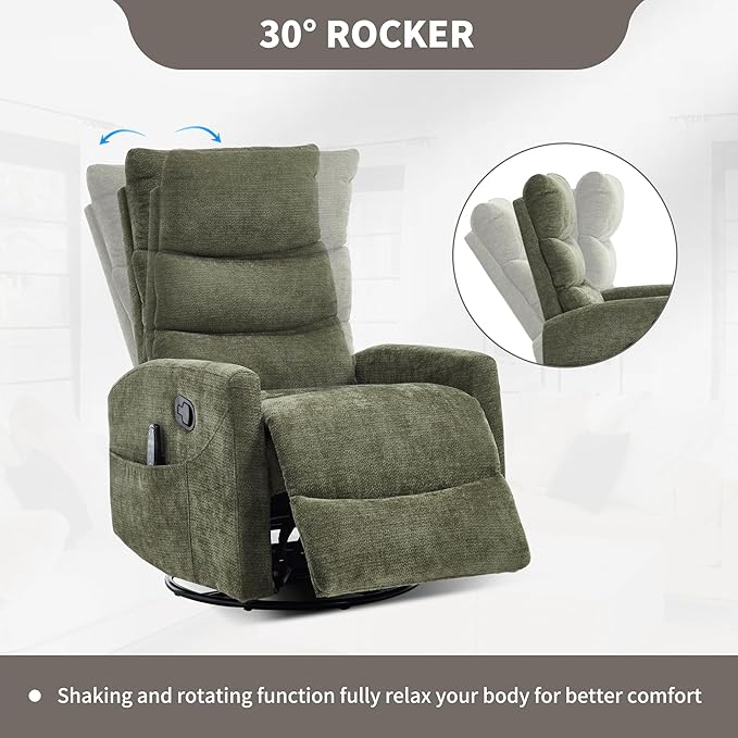 PELUMY 360° Swivel Rocker Recliner with Heat &amp Vibration Massage Glider Rocking Chair for Adults Compact Recliner for Living Room Small Spaces Nursery Bedroom (Chenille Green)