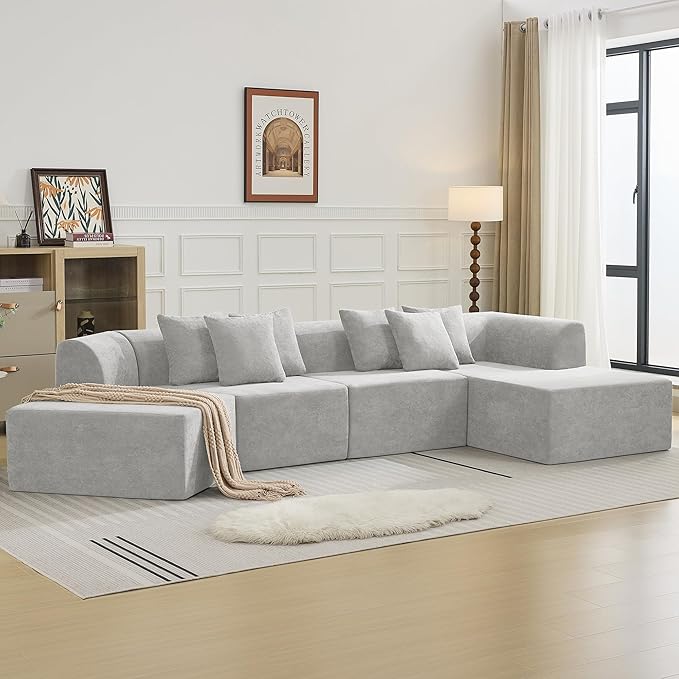 140''Oversized Cloud Velvet Curved Sectional Couch Boneless Couch with L-Shape Chaise Upholstered Compression Memory Foam Modular Sectional Sofa for Living Room No Assembly Required Grey