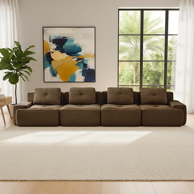 Casaphoria 150'' Brown Corduroy Cloud Couch 4-Seater Boneless Sectional Sofa with 4 Pillows for Living Room Deep Seat Sofa No Assembly Required