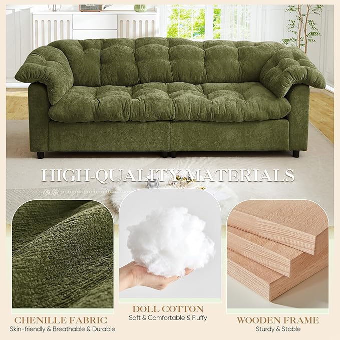 Modern Sofa Couch 94.8 W Chenille Tufted Fluffy Comfy Cloud Couch with Tutfted Design &amp Armrest Pillowchenilles Upholstered Oversized Loveseat Sofa for Living Room Bedroom Office Green