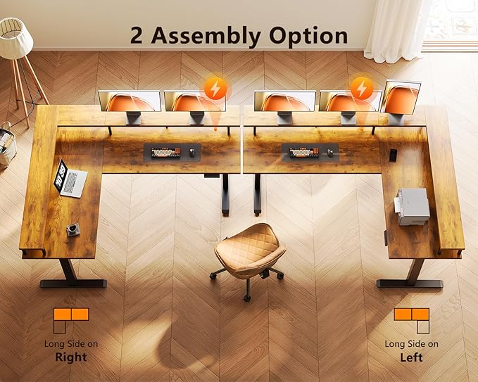 AODK Electric L Shaped Standing Desk 59 Inch Height Adjustable Stand Up Desk with Power Outlets ＆ Full Monitor Stand Reversible Corner Desk for Home Office ＆ Computer Workstation Rustic Brown